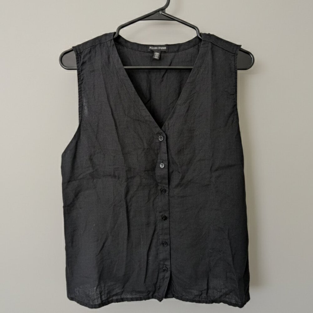 Eileen Fisher Black Organic Linen Button Up Vest, Size Large